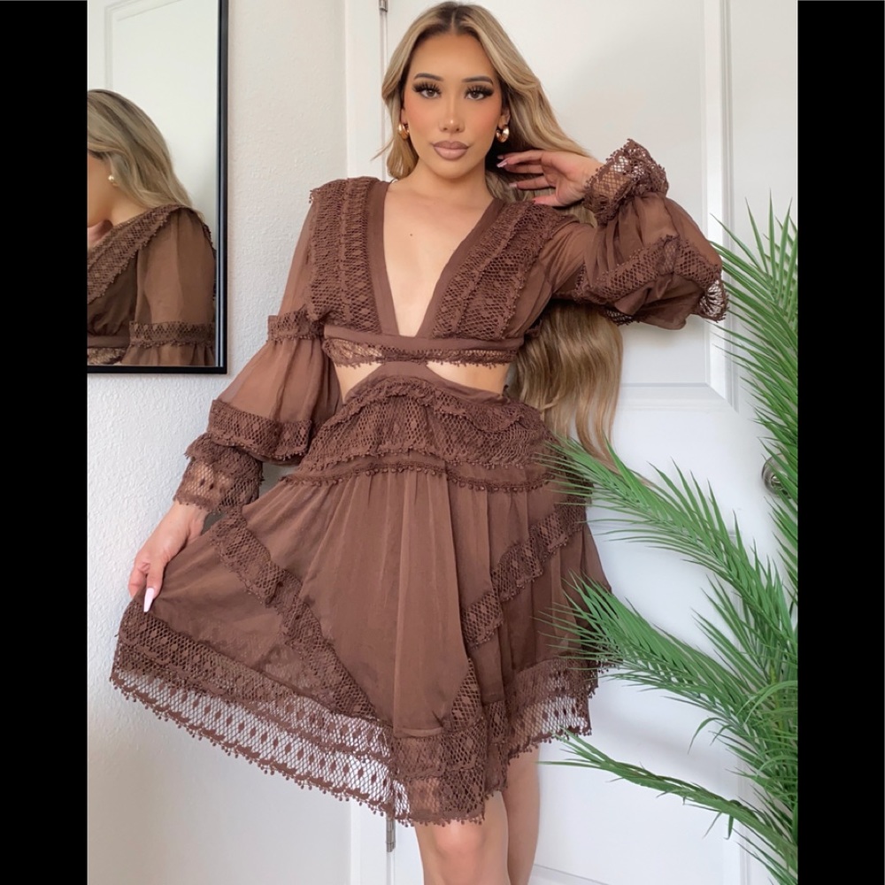 Brown Ruffle Cut-Out Mini Dress Various Sizes Available